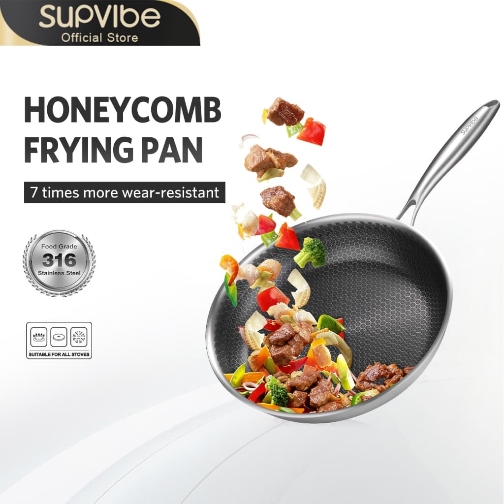 SUPVIBE 316 Stainless Steel Honeycomb Wok/Frying Pan (Non-Stick, Wear-Resistant) 26/30cm