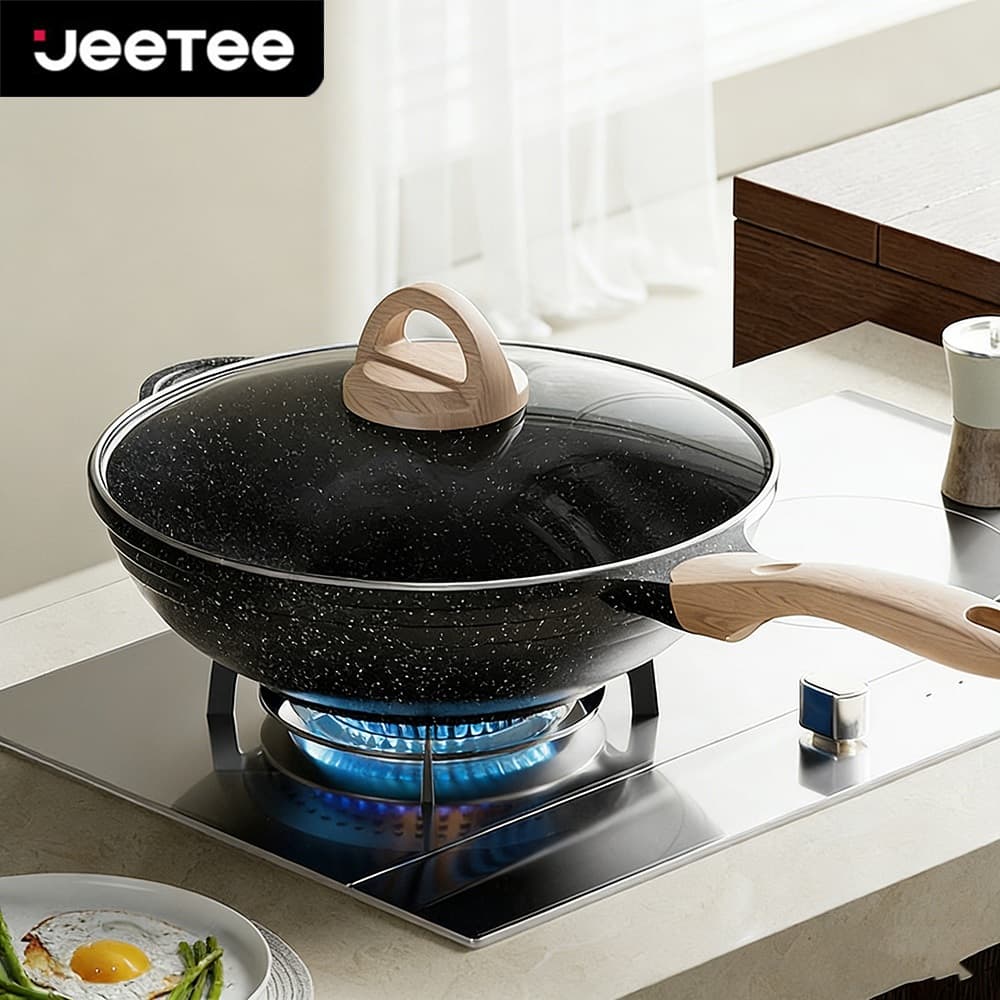 JEETEE Granite Stone Wok Non Stick Cooking Wok with Lid Induction Deep Frying Pan 28/30/32cm